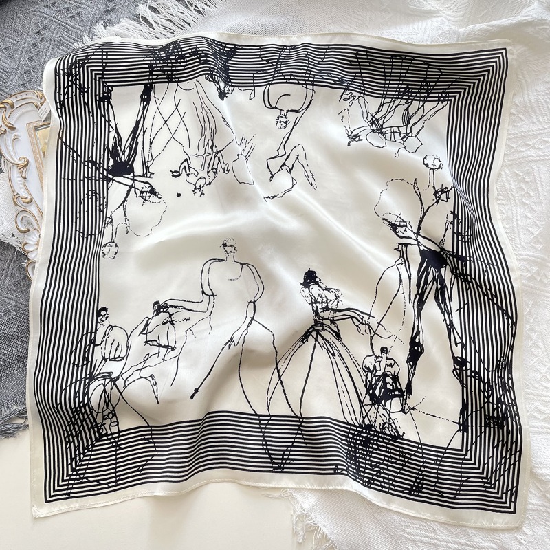 Luxury Bags Drawing - Art Line Charakter-Zeichnungs-Satin-Schal in Off-White mit